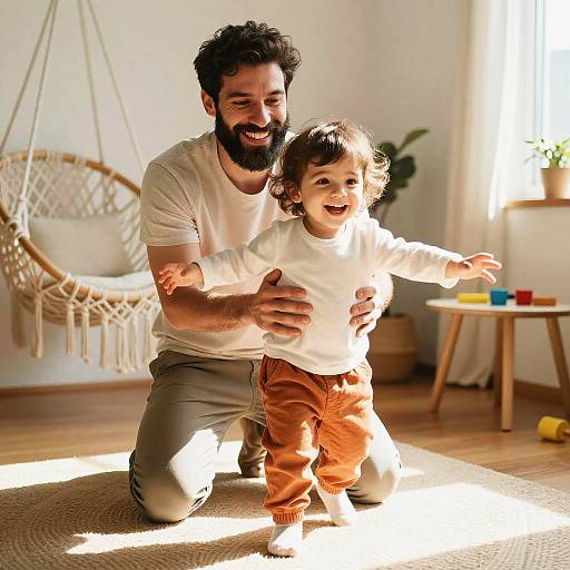 Sunlit Smiling Father and Toddler Playtime
