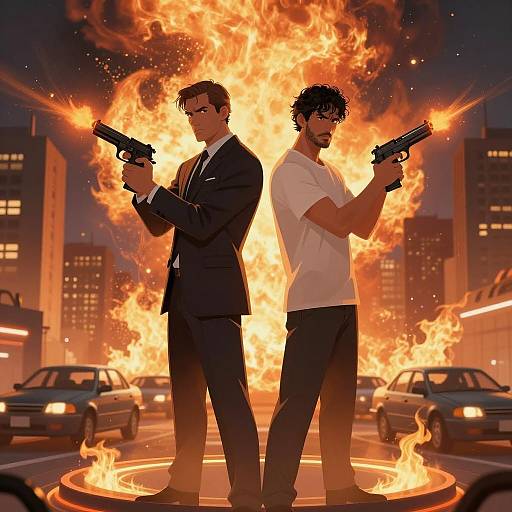 Two Men Back-to-Back with Guns and Firestorm in City