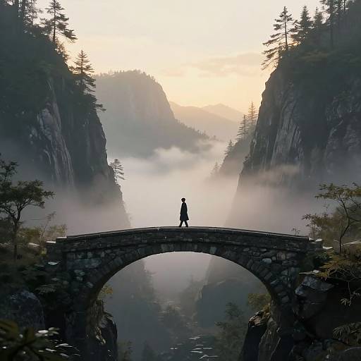 Photograph of a solitary figure walking on a stone arch bridge between misty, towering cliffs at sunrise, surrounded by dense forest.