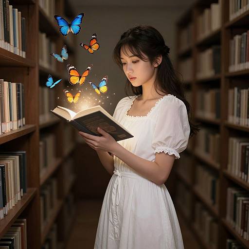 Photograph of a young woman with fair skin and dark hair in a white dress, reading a book surrounded by glowing orange and blue butterflies in a dim