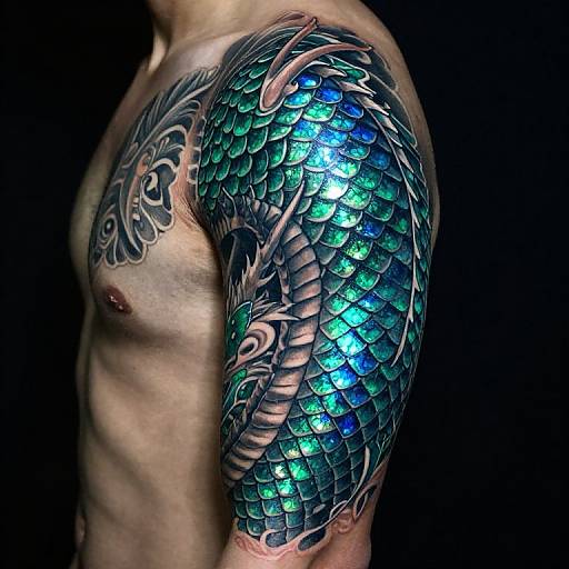 Photograph of a muscular man's tattooed shoulder, featuring a shimmering blue and green dragon-scale design with intricate black patterns on a black background.