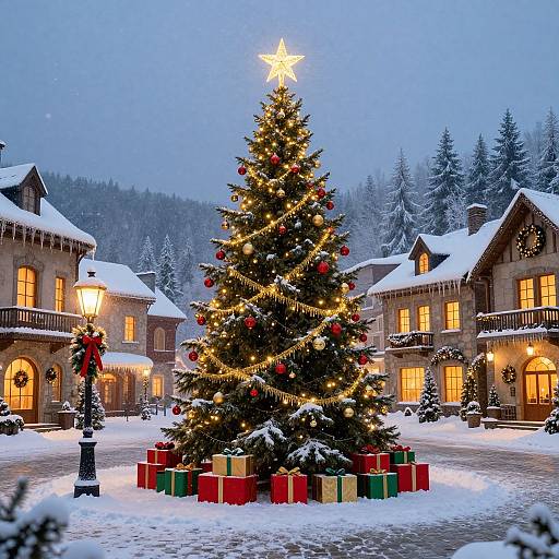 Photograph of a snow-covered, illuminated Christmas tree with a glowing star topper, surrounded by colorful gifts, in front of a cozy, lit,