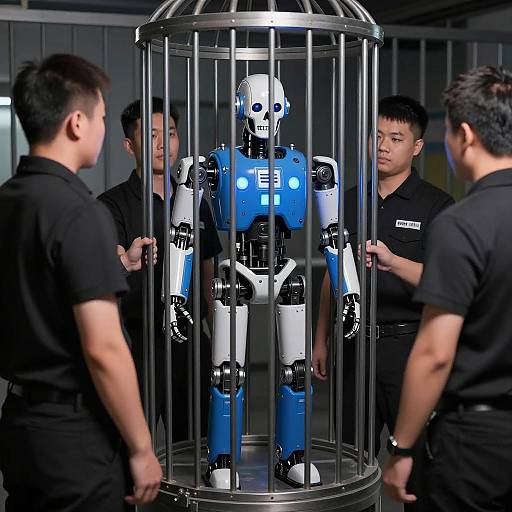 Humanoid Robot in Metal Cage with Security Guards