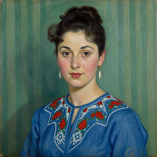 Painting of a fair-skinned woman with dark hair, red lipstick, wearing a blue embroidered dress and silver earrings, green background. Realistic style