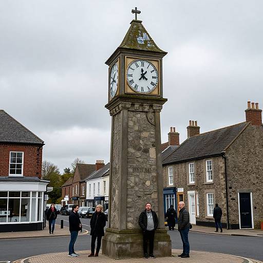 Photograph of a stone clock tower in a quaint village, surrounded by brick buildings, people walking, overcast sky.