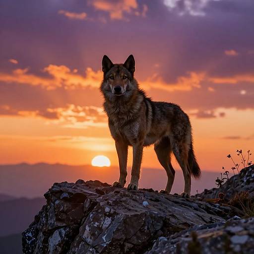 Photograph of a wolf standing on a rocky cliff at sunset, with a vibrant orange and purple sky in the background.