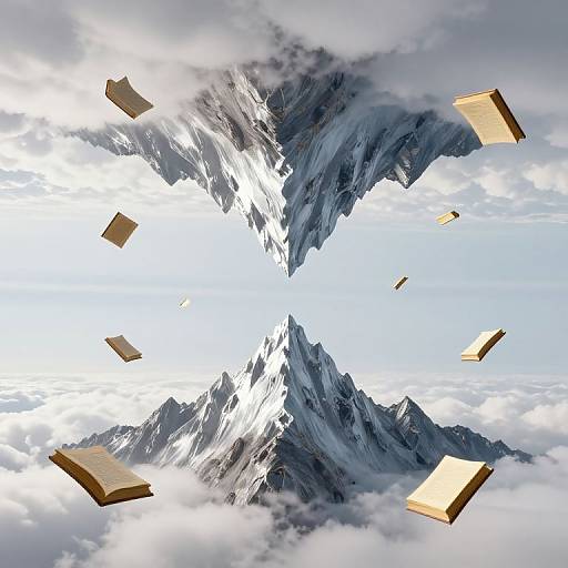 Digital artwork of floating wooden books above a mountainous, cloudy sky, viewed from a downward angle, creating a surreal, inverted perspective.