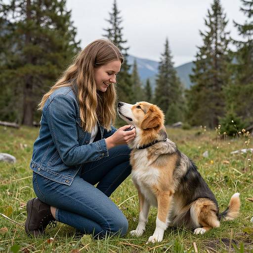 Photograph of a young woman with long brown hair in a denim jacket and jeans, kneeling and petting a golden-furred dog with black and white