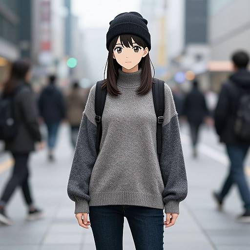 Digital anime-style drawing of a young woman with black beanie, gray sweater, black pants, and backpack, standing in a blurred city street.