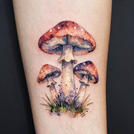 Watercolor-style tattoo of three red-capped mushrooms with white spots, detailed stems, and grassy base on a pale skin forearm.