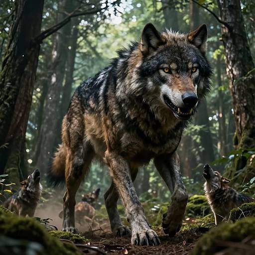 Photorealistic CGI of a powerful, multi-colored wolf with intense yellow eyes walking through a dense, sunlit forest, with three smaller wolves following.