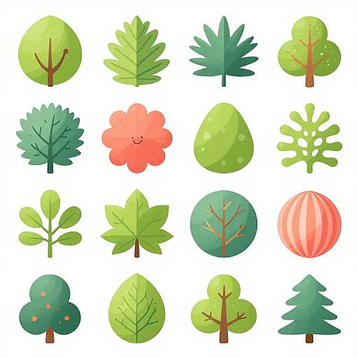 Cartoon-style digital illustration of 16 different trees with varied shapes, colors, and patterns, arranged in a 4x4 grid on a white