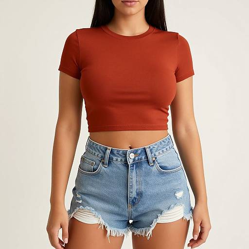 Photograph of a woman with long black hair, wearing a tight red crop top and frayed blue denim shorts, standing against a plain white background.