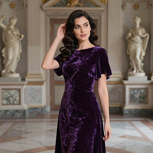 Photograph of a young woman with wavy black hair, wearing a velvet purple dress, standing in an ornate, marble-floored room with