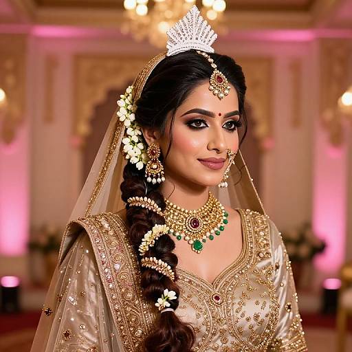 Photograph of an Indian bride in traditional attire: golden embroidered saree, braided hair with white flowers, intricate jewelry, and a veil, smiling