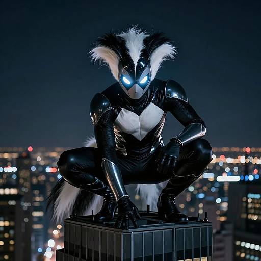 Photorealistic CGI of a glowing blue-eyed, black-and-white furry superhero in a crouched position on a rooftop at night, city lights blurred