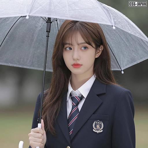 Young Woman in School Uniform with Umbrella
