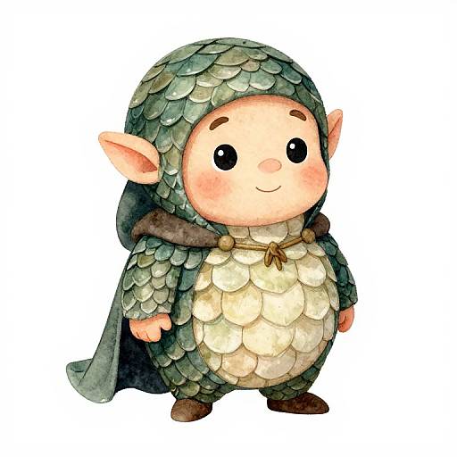 Cute, chibi-style illustration of a chubby, smiling elf with green, scale-like armor, pointed ears, and a brown cloak, standing against