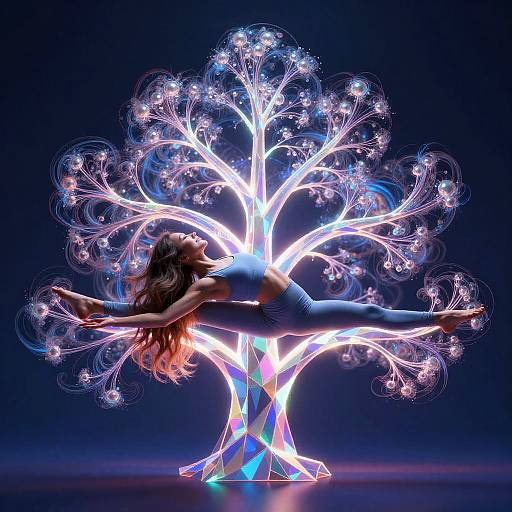 Photographic CGI of a woman in a blue leotard performing a tree pose, silhouetted against a glowing, ethereal tree with lum