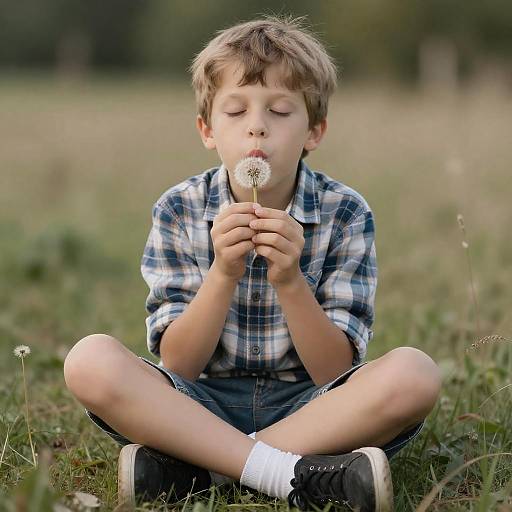 Boy on Grass Blowing Dandelion