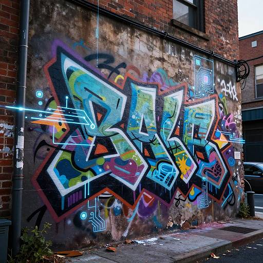 Vibrant graffiti mural on a weathered brick wall featuring bold, colorful letters 