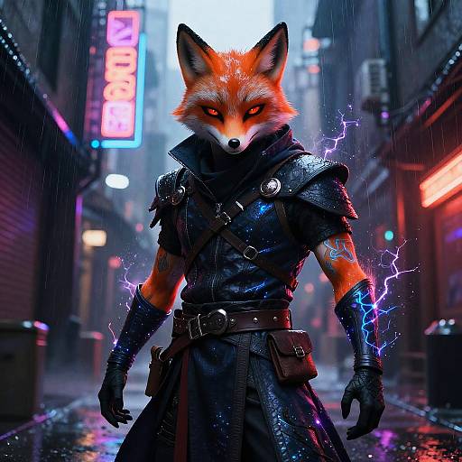 CGI fantasy image of a fierce, glowing-eyed anthropomorphic fox in dark, metallic armor, surrounded by neon-lit, rainy alley with electric sparks