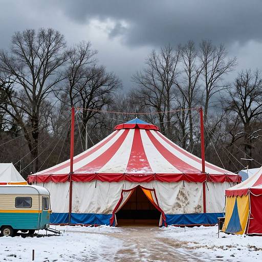 Photograph of a red and white striped circus tent with a wooden door, surrounded by snow, bare trees, and vintage trailers. Overcast, cloudy