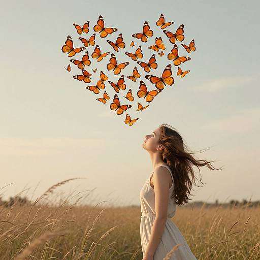Photograph: Young woman in white dress gazes up at heart-shaped swarm of orange butterflies over golden field at sunset.