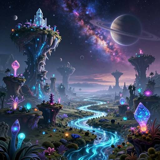 Fantasy CGI landscape with glowing bioluminescent plants, floating crystal cities, a glowing river, a large planet in the sky, and a vibrant