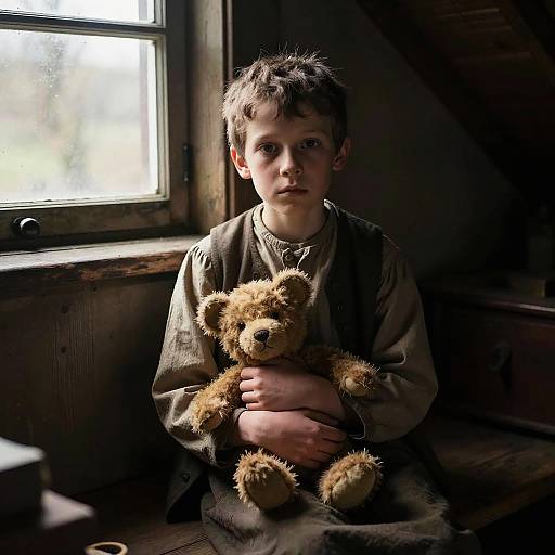 Photograph of a young boy with curly brown hair, wearing a brown, vintage-style shirt, holding a fuzzy teddy bear, seated in a dim