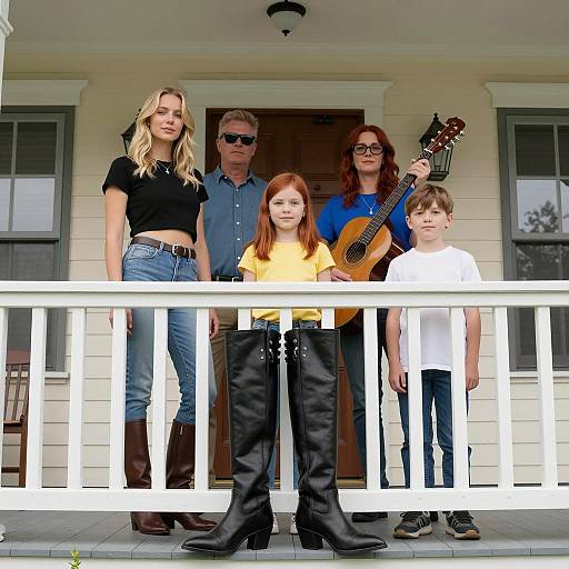 Family on Porch with Leather Boots in Foreground
