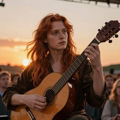 Photograph of a red-haired, fair-skinned man with wavy hair, playing an acoustic guitar at sunset, wearing a dark jacket, with a