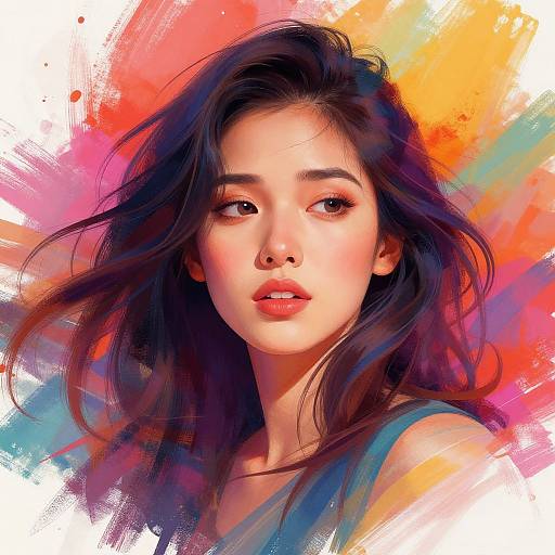 Digital painting of an Asian woman with long, dark hair, soft pink lips, and expressive eyes, set against a vibrant, colorful abstract background.