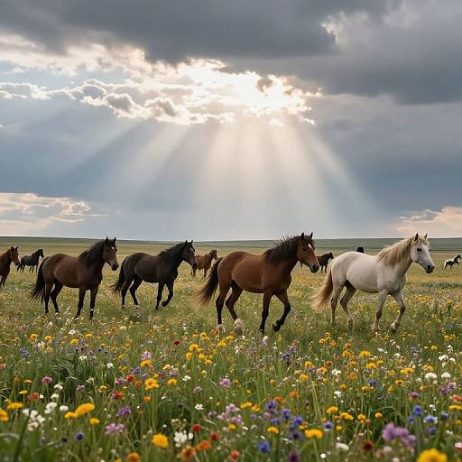 Photograph of a sunlit meadow with a herd of horses, including a white horse, grazing amidst colorful wildflowers under a cloudy sky with beams