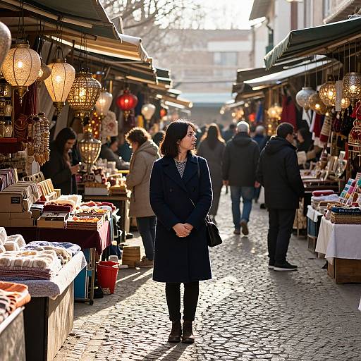 Photograph of a busy outdoor market with a woman in a black coat standing on a cobblestone path, surrounded by hanging lanterns, stalls,