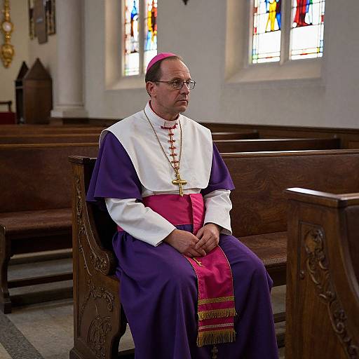 Photograph of a Catholic priest in purple and white vestments, with a pink sash, seated in a wooden church pew, in front of colorful
