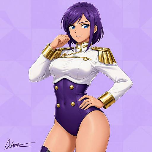 Digital anime-style drawing of a confident woman with purple hair, blue eyes, and a white military-style uniform with gold epaulettes and buttons,