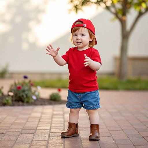 Photograph of a cute toddler with red hair, wearing a red shirt, denim shorts, brown boots, and a red cap, standing on a brick