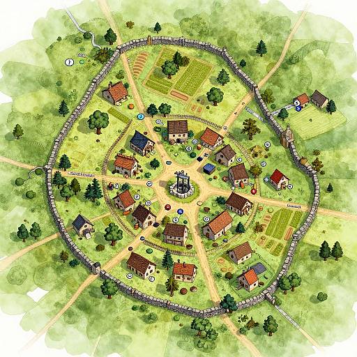 Colorful aerial map of a quaint village with red-roofed houses, green fields, trees, pathways, and a central square, surrounded by a