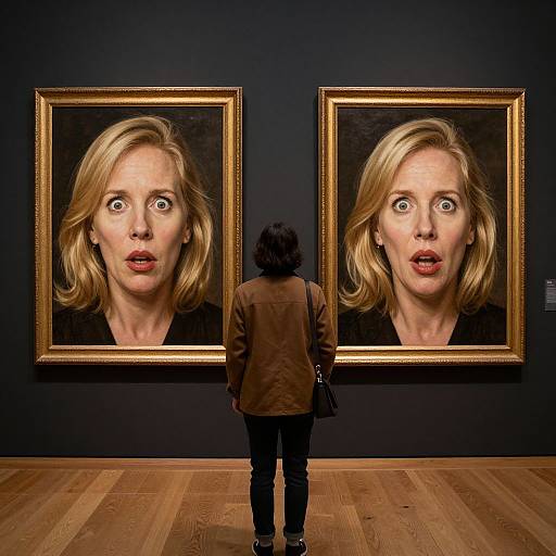 Photograph of a person with short black hair standing in front of two framed, realistic paintings of a blonde woman with wide-eyed surprise expression, on a