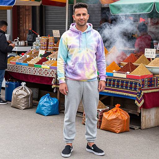 Photograph of a smiling man in a tie-dye hoodie and gray sweatpants, standing in front of a spice market stall with steaming spices and