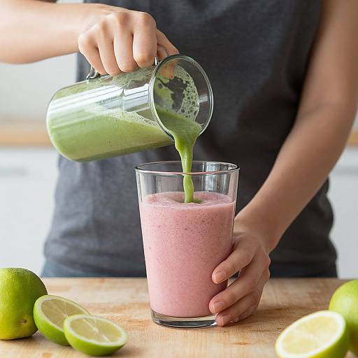 Photograph of a person in a dark shirt pouring green smoothie into a glass filled with pink smoothie on a wooden table with lime halves.