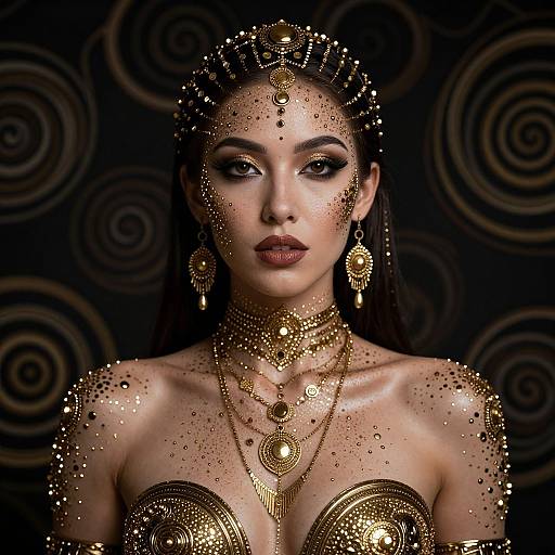 Photograph of an exotic, dark-haired woman with ornate gold jewelry, intricate headpiece, and shimmering skin, set against a dark, spir