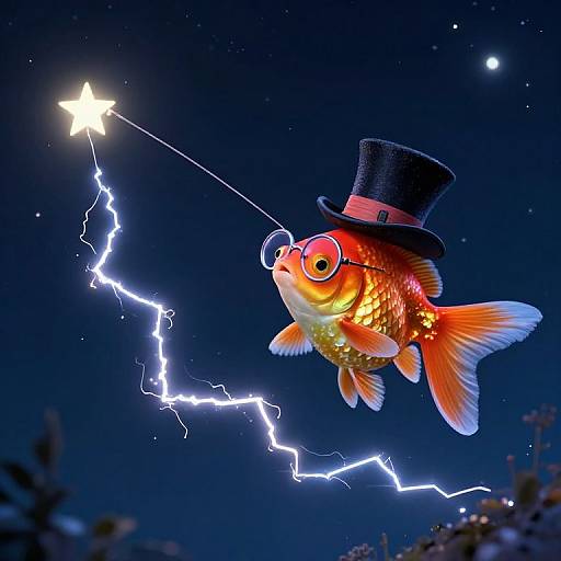 Photograph of a goldfish wearing a black top hat and glasses, catching a star with a lightning bolt in a night sky.