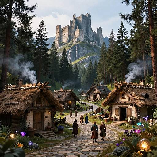 Fantasy village scene with thatched cottages, smoky chimneys, colorful flowers, medieval castle on a mountain, and people walking on a stone