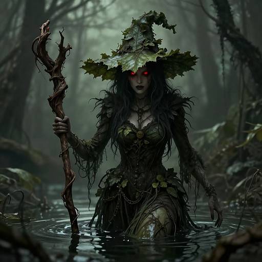 Digital art of a dark, forest witch with glowing red eyes, wearing a leafy hat and tattered dress, holding a twisted staff, standing in