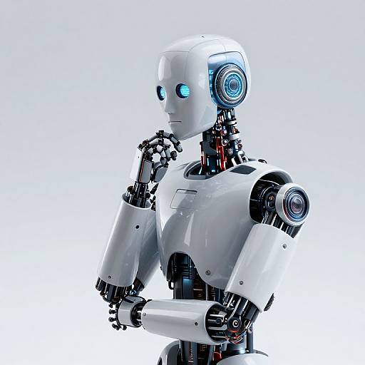 Photorealistic CGI of a white, blue-eyed, humanoid robot with glowing circular ears, metallic joints, and white and black segments, thinking with its