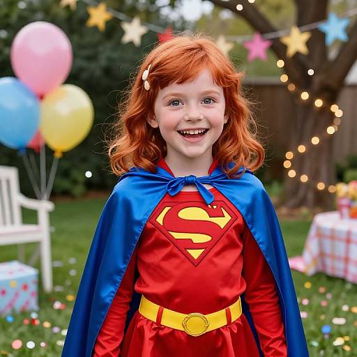 Photograph of a smiling red-haired girl in a red Superman dress with blue cape, standing in a festive backyard with balloons, star decorations, and gift