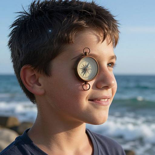 Photograph of a young boy with short brown hair, wearing a compass embedded in his forehead, smiling at a sunny beach.