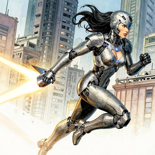Female Cyborg Running with Rocket Propulsion